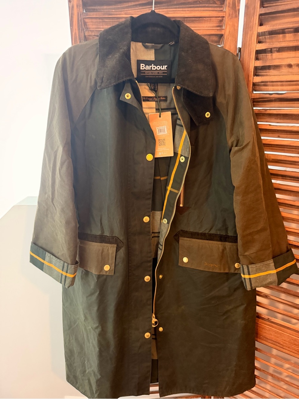 Barbour Olive Green Waxed Cotton Trench Coat with Corduroy Collar